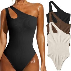 Elegant One-Shoulder Ribbed Bodysuit - Black, Brown, Cream